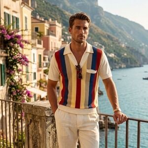 VTG L. Virany Italy Mens Knit Polo Shirt Multi Color Stripe V-Neck Retro Resort